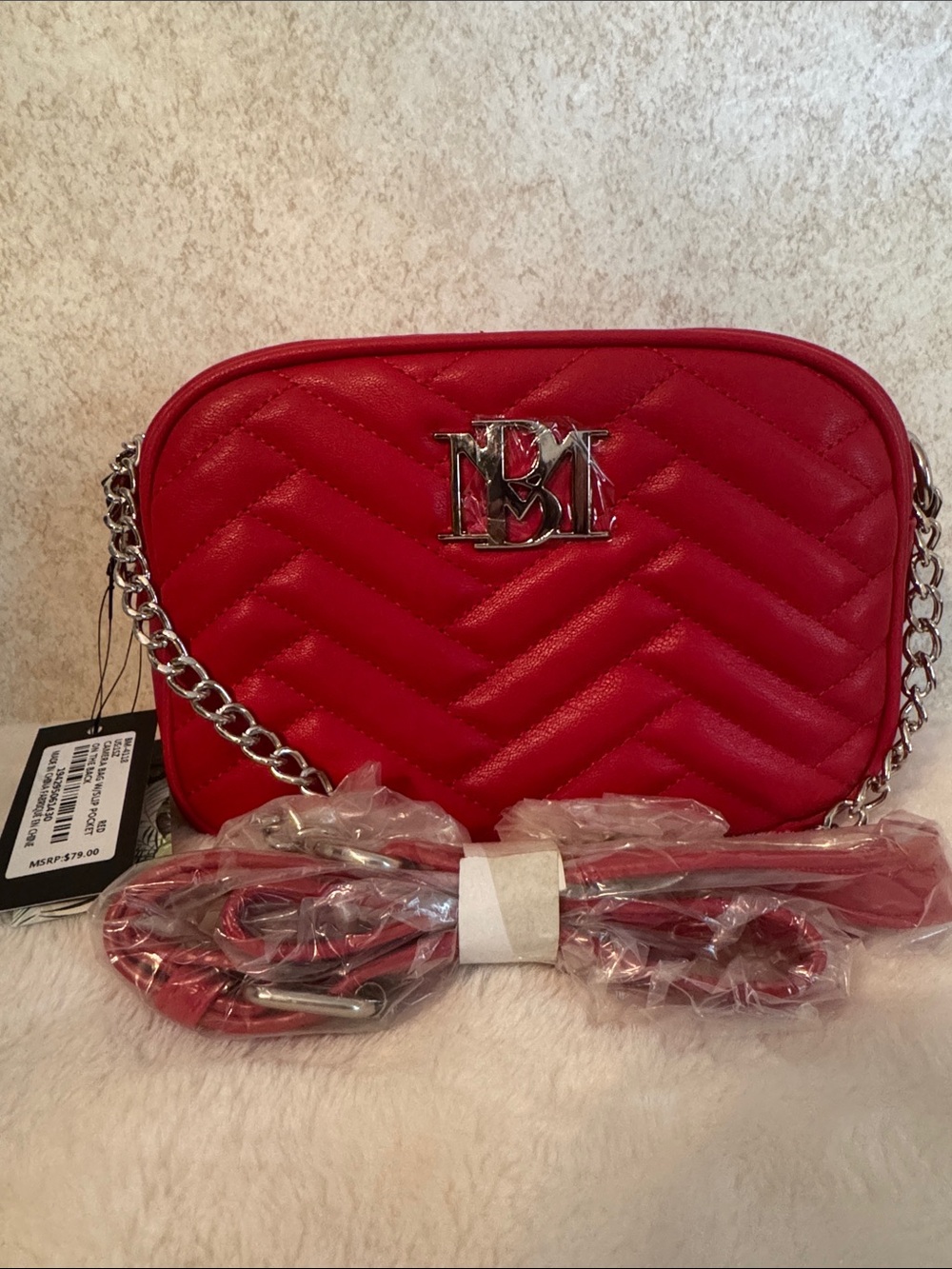 Badgley Mischka Bright Red Quilted Bag with Chain Strap